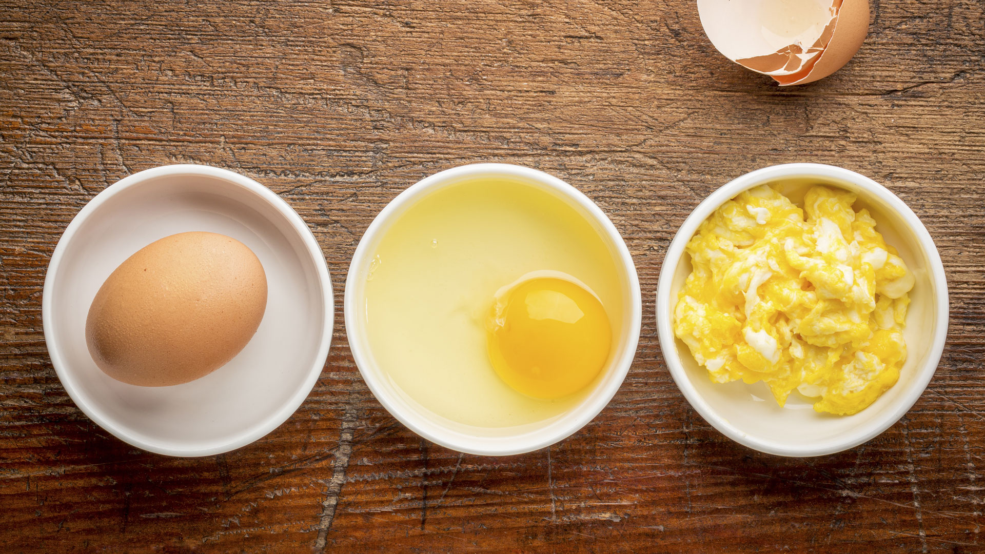 Eggs in different forms in white bowls